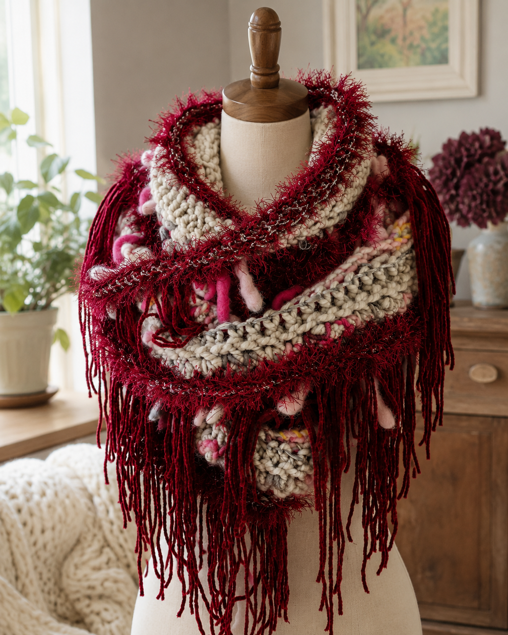Burgundy,  beige, and pink, tassled, artyarn scarf