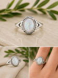Large moonstone, glass stone ring size 15