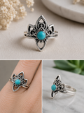 Crown/lotus flower ring with single turqoise stone size 15