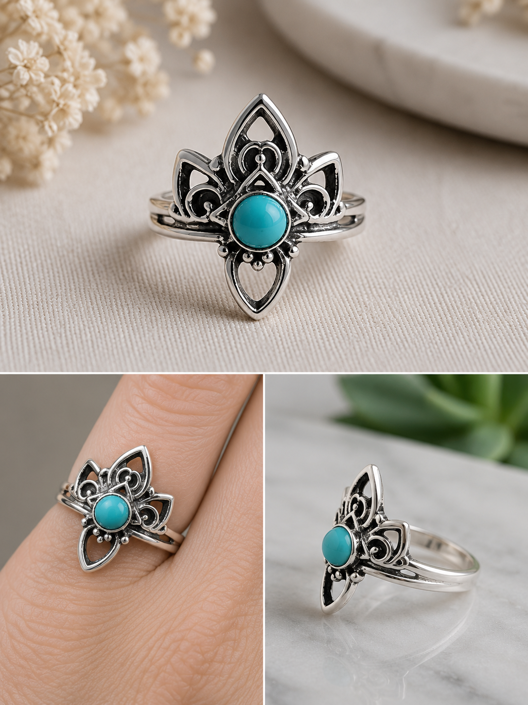 Crown/lotus flower ring with single turqoise stone size 15