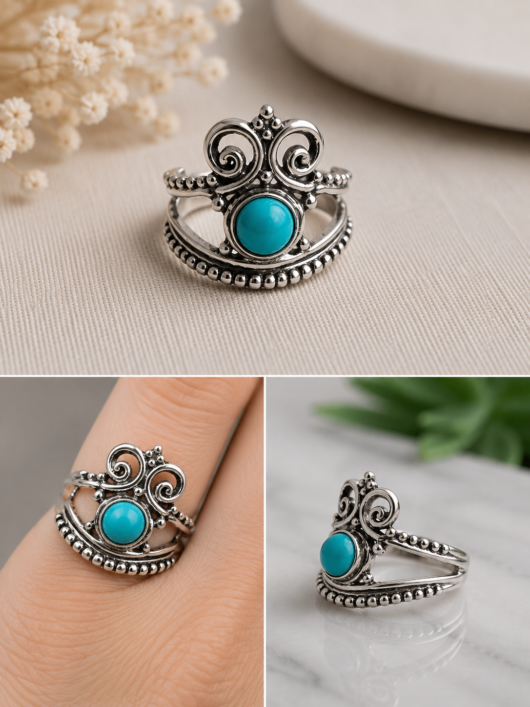 Silverplated crown/scroll ring with single turqoise stone size 18