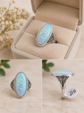 Large moonstone, glass stone ring with intricate detail size 16