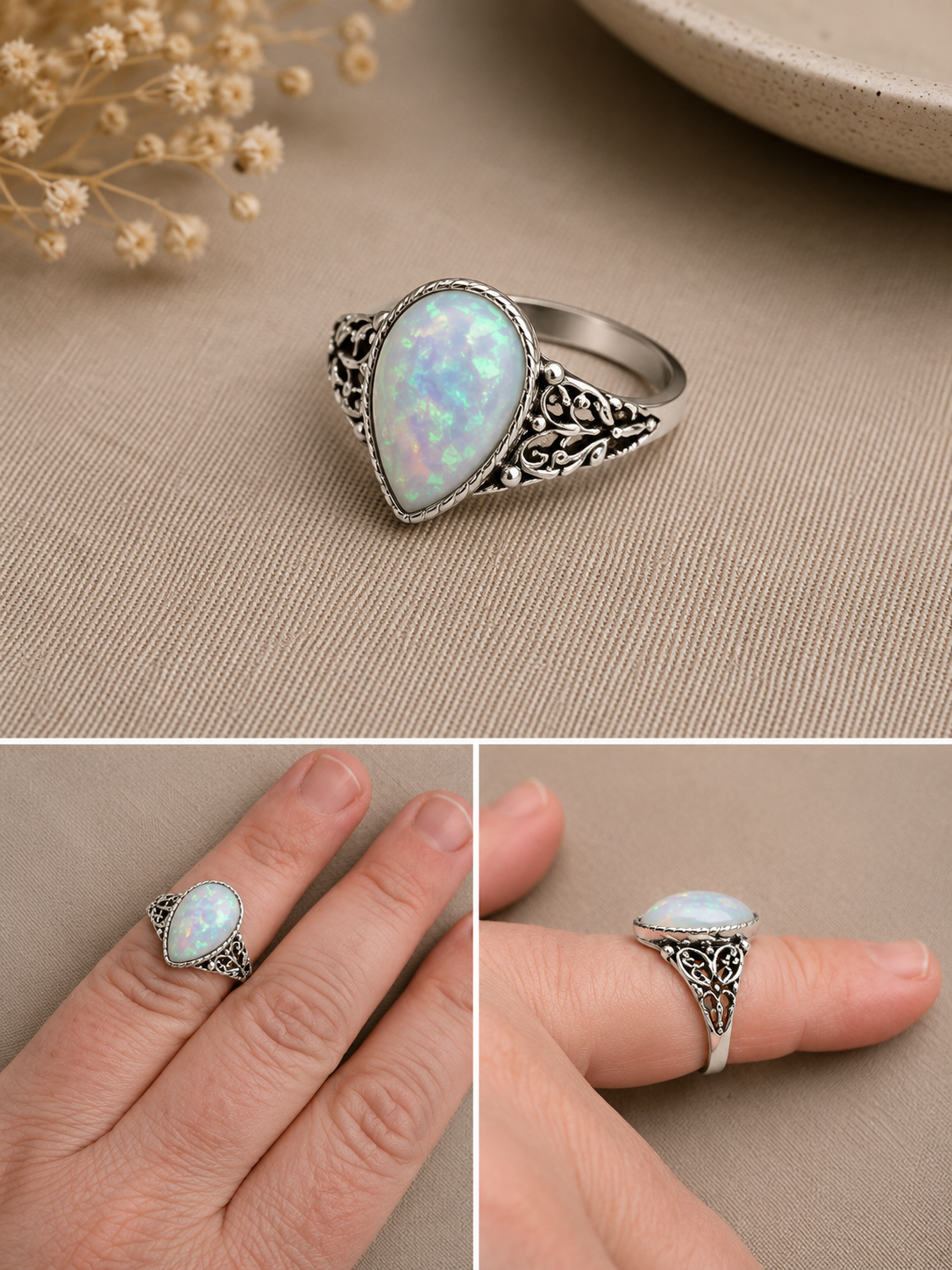 Teardrop moonstone glass stone ring size 15
