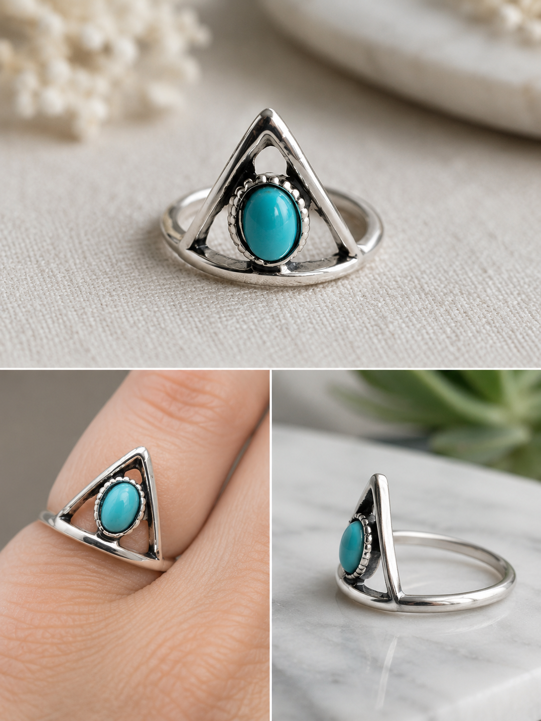Triangular setting silver-plated ring with oval turqioise stone size 16