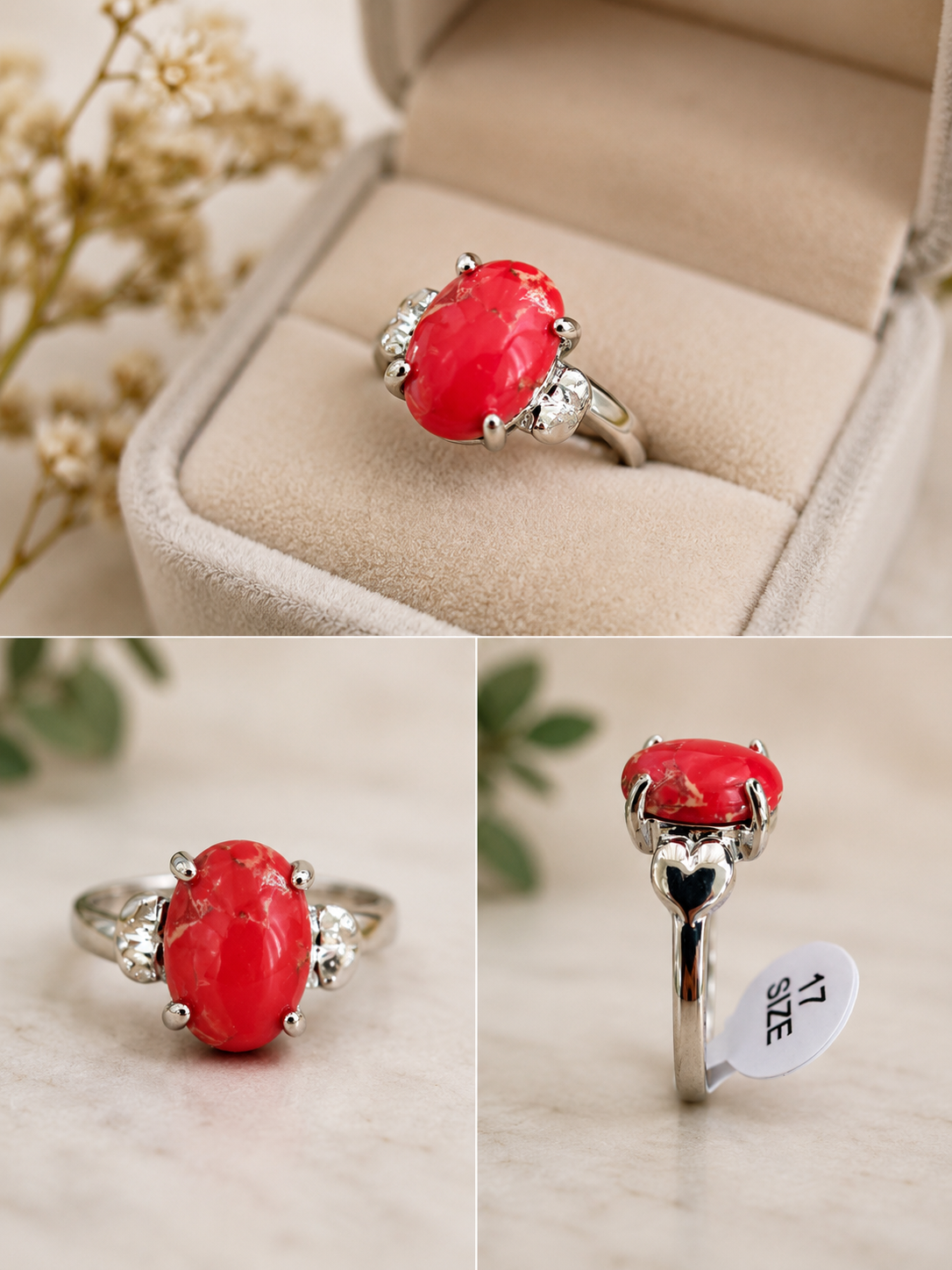 Red glass stone ring size 17