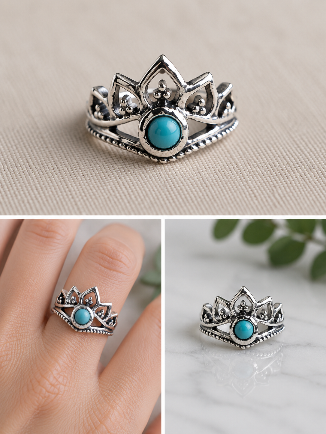 Silverplated crown ring with single turqoise stone size 17
