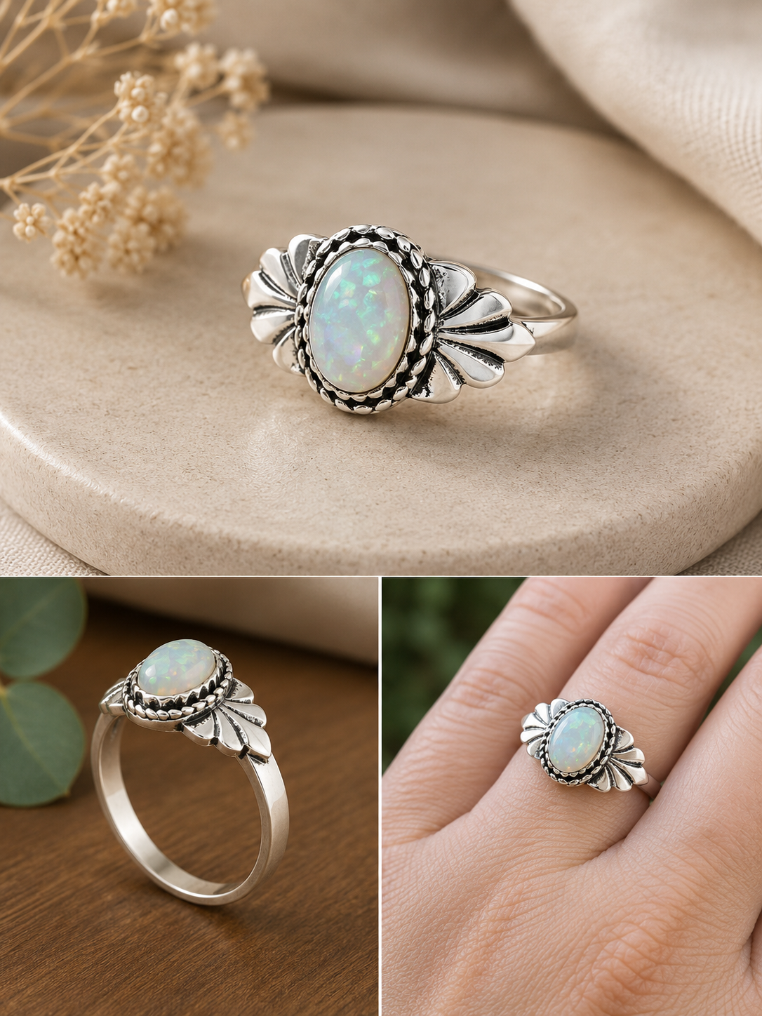 Oval shaped moonstone glass stone ring with leaf detail on sides size 17