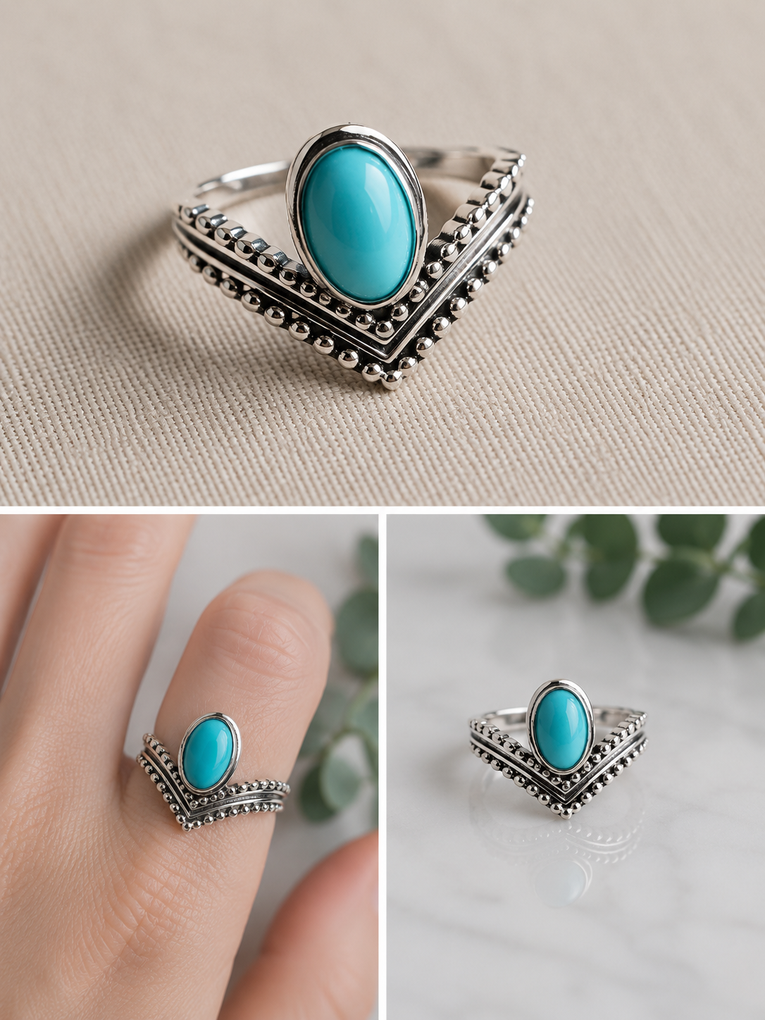 Silver plated ring with Oval turqoise stone and v-shaped detailing