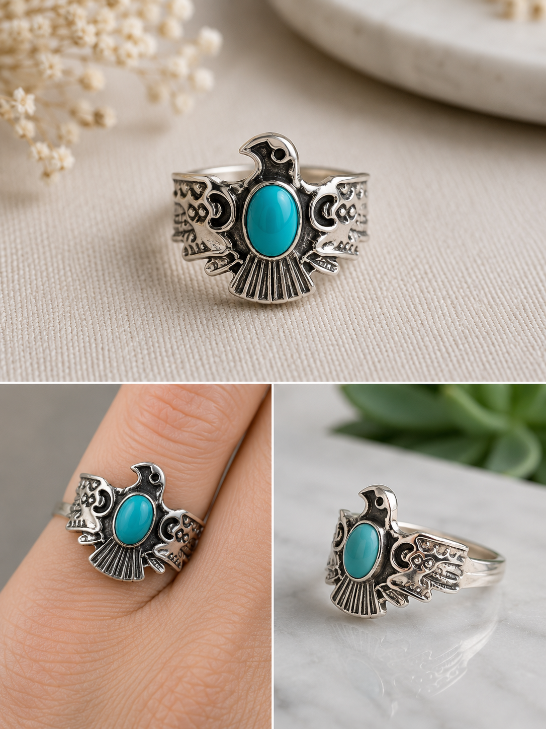 Silverplated oval turqoise eagle setting ring size 17