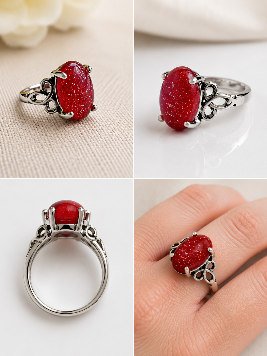 Silver plated ring with scroll detail and red glass stone with gold detail