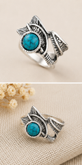 Leaf detail metal ring with small turquoise stone size 15