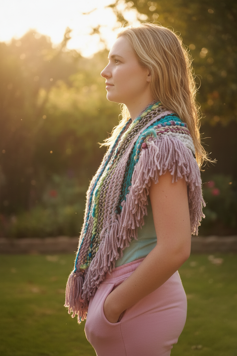 Handmade Intricate Bohemian Fringed Shawl in pink, lilac and turquoise artyarn – side view worn outdoors at golden hour | Arnia CraftyGirl