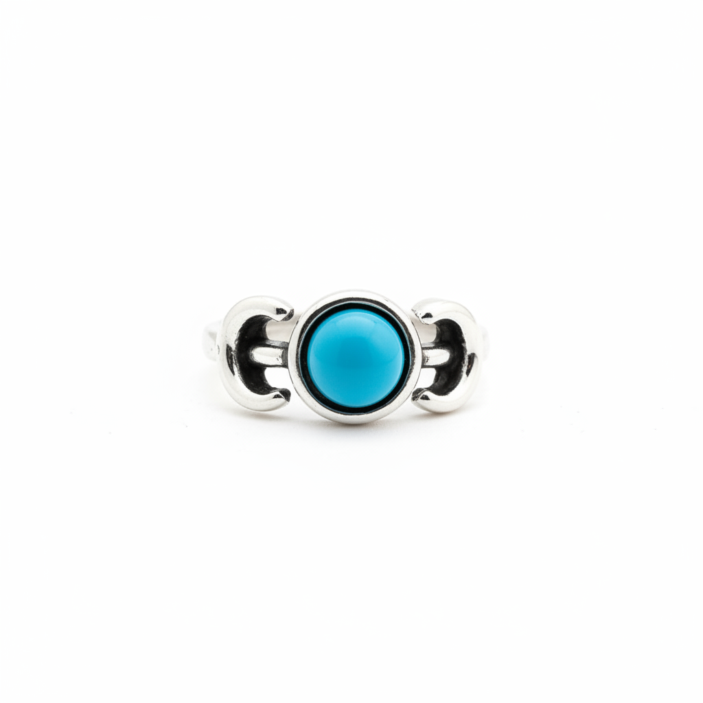 Silver-plated ring with round turquoise stone and crescent moon detail – Arnia CraftyGirl