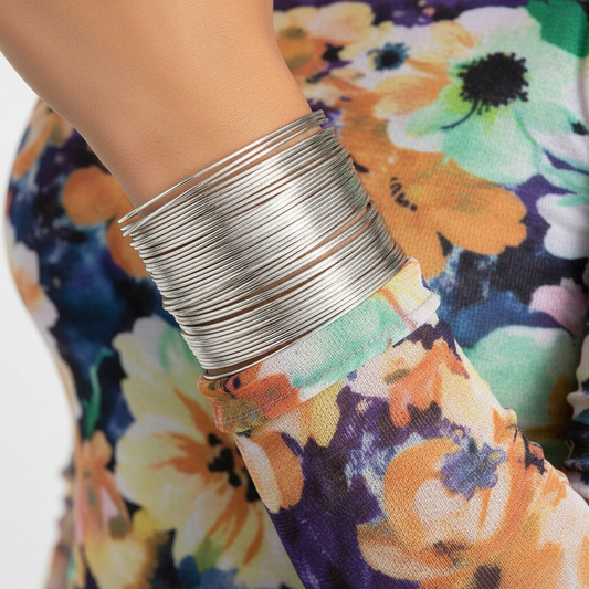 Silver wire bangles lifestyle shot – bohemian handmade jewellery by Arnia CraftyGirl