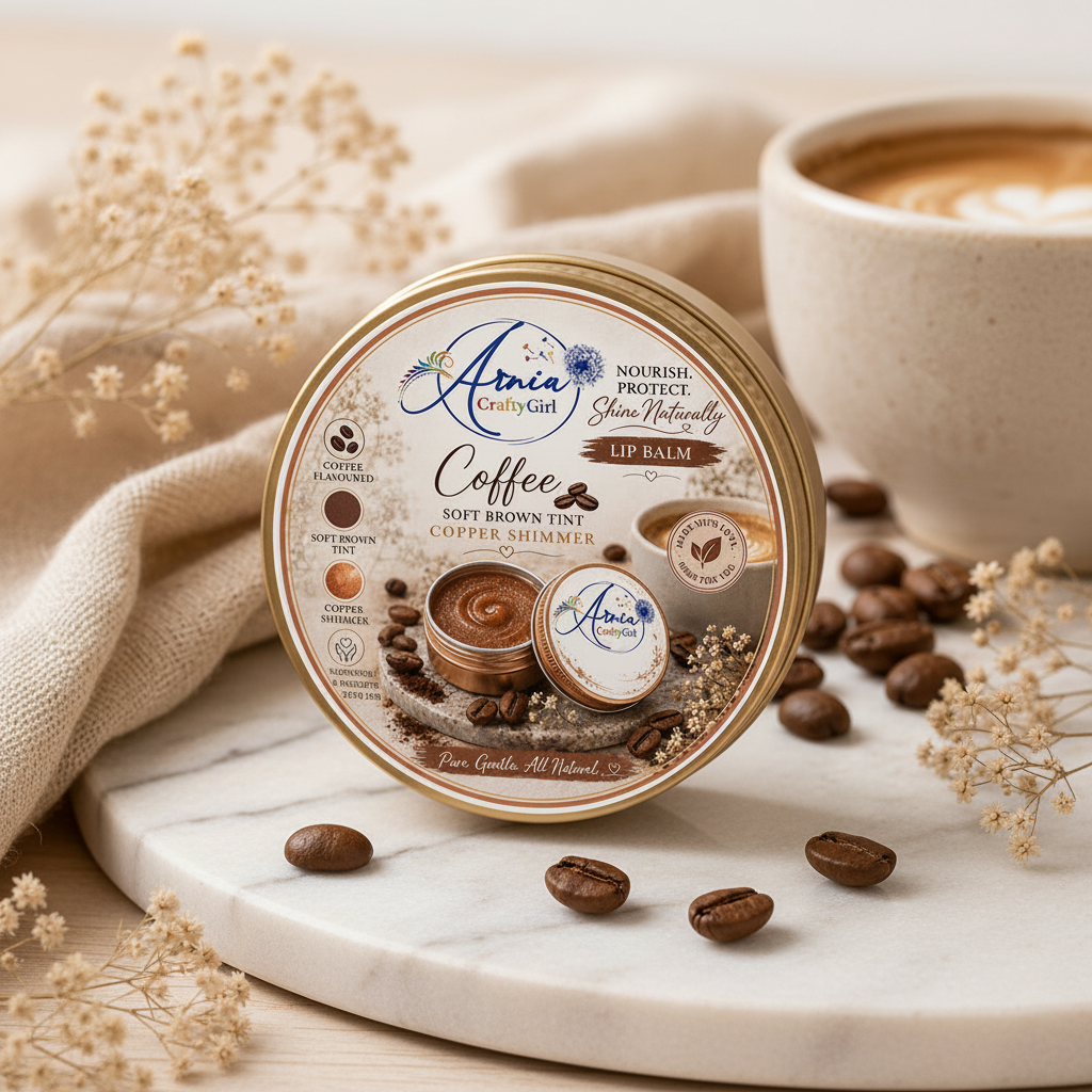 Arnia CraftyGirl Coffee Lip Balm tin on marble surface with coffee beans and dried flowers – natural artisan lip care
