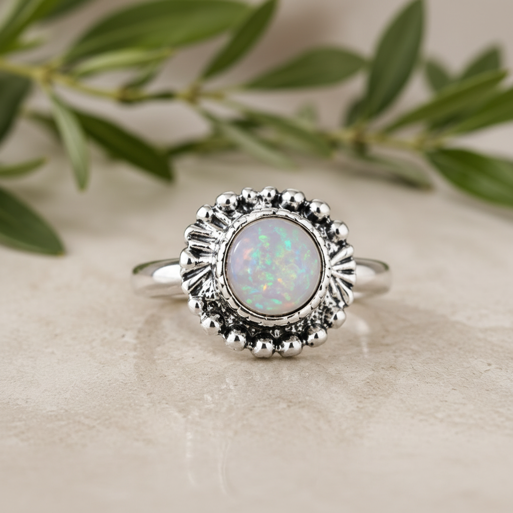 Silver moonstone glass stone ring with sunflower beaded setting on beige stone surface with olive leaves – Arnia CraftyGirl handmade jewellery