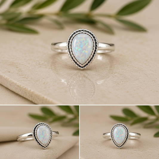Arnia CraftyGirl teardrop moonstone glass stone ring on beige stone surface with olive leaves – handmade artisan jewellery South Africa