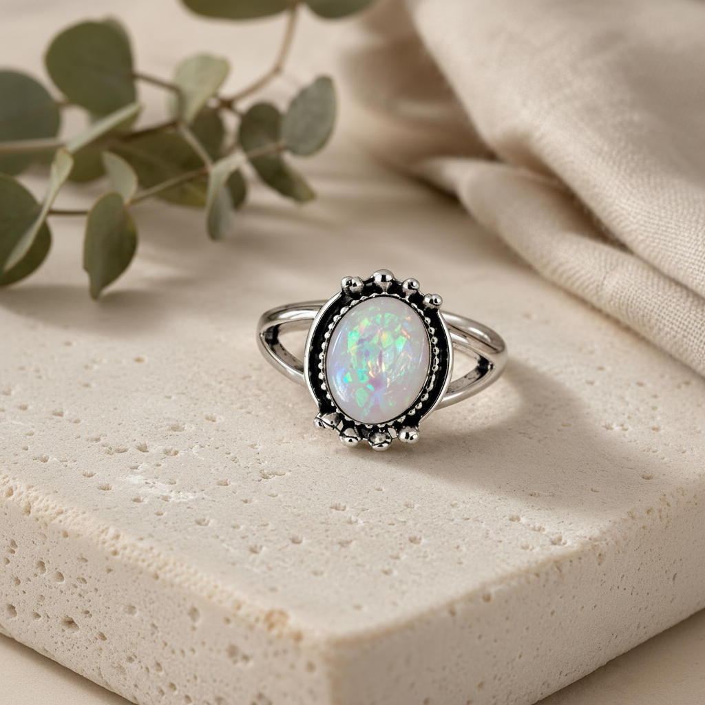 Arnia CraftyGirl silver moonstone glass ring on white textured stone with eucalyptus – handmade artisan jewellery South Africa