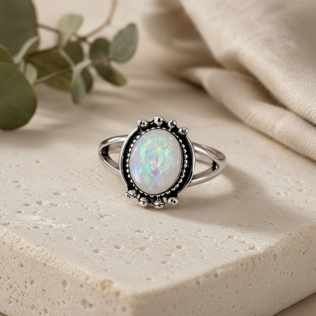 Handmade silver ring with iridescent moonstone glass stone and beaded detail on beige stone surface with linen and eucalyptus – Arnia CraftyGirl