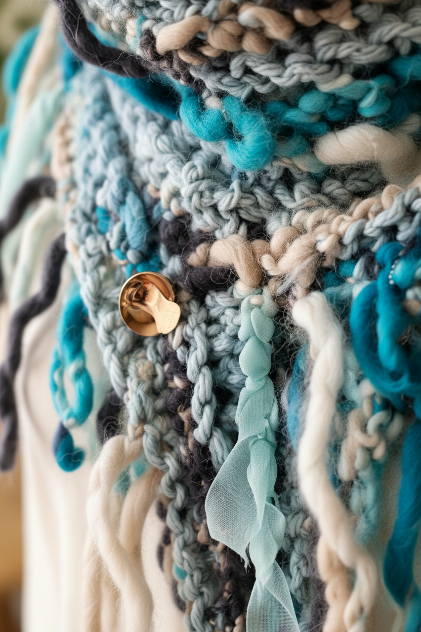 Close-up of handmade merino wool scarf showing teal chunky knit texture, curly fringe and gold bell charm – Arnia CraftyGirl