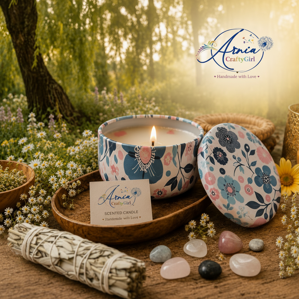 Arnia CraftyGirl white sage candle lit in blue pink floral tin on wooden tray with dried sage, crystals and pebbles